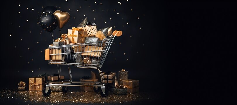 Generative AI, golden shopping cart with many gift boxes on dark background with glittered bokeh, Black Friday concept, discount and sale.