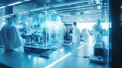 Data scientists work in a modern office of a technology company on the development of a quantum computer. Science, technology, big data and blockchain concept.