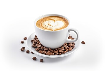 a white mug coffee with latte art with coffee beans around, Generative AI