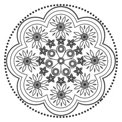 Mandala ornament outline pattern. Indian geometric art graphic. Isolated coloring book.