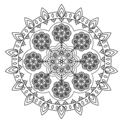 Mandala ornament outline pattern. Indian geometric art graphic. Isolated coloring book.