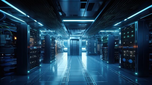 Server room in a modern office of a technology company. Development of a quantum computer. Science, technology, big data and blockchain concept.