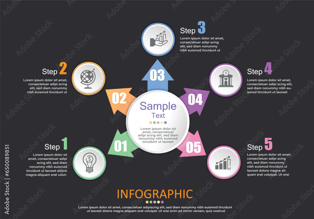 Poster vector infographic on a gray-black background with spheres and arrows pointing in 5 directions showi