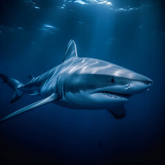 Great White Shark (Carcharodon carcharias) in blue water. Generative AI