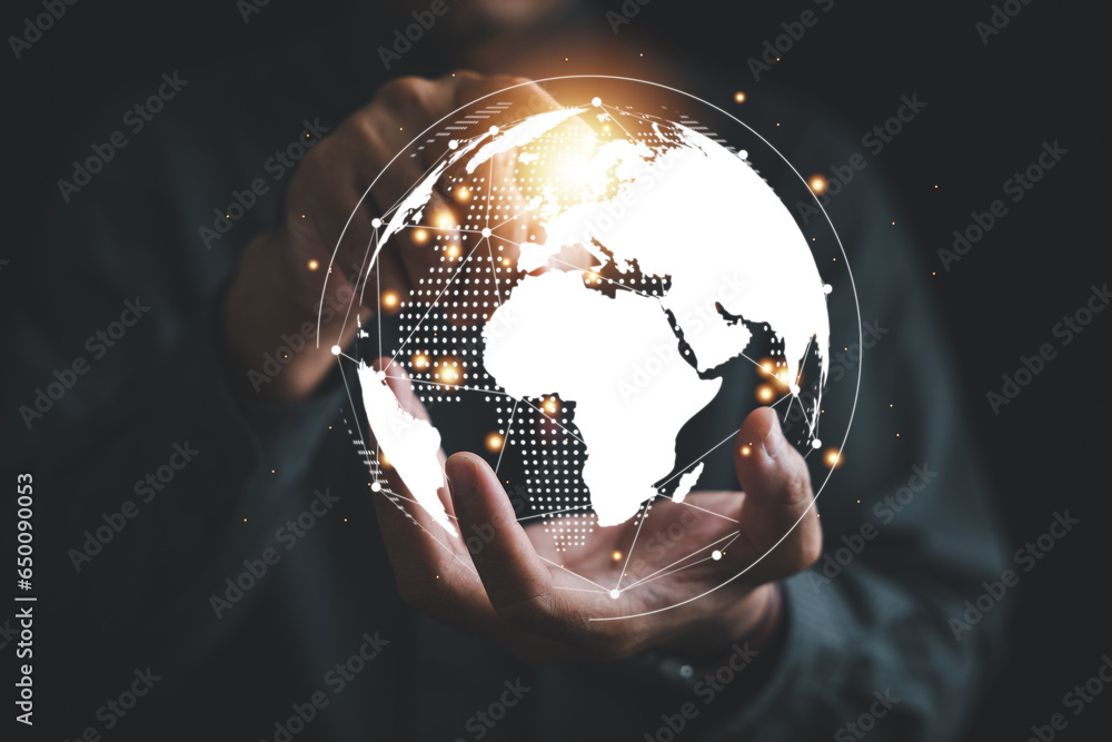Poster transformative data analytics, a businessman engages with a digital screen, leveraging big data and 
