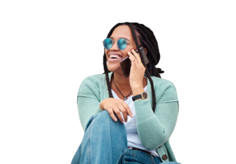 Black woman, phone call and sunglasses for communication and laughing online. Young gen z, African student girl or mobile for conversation and isolated on a transparent png background on technology