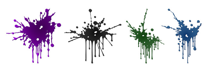 Vector collection of colored ink blots, splashes and drops. White isolated background. Set of spots.