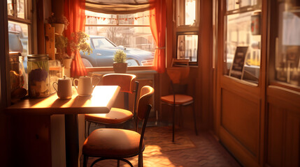 日光が差し込む暖かなカフェの内観パース - obrazy, fototapety, plakaty