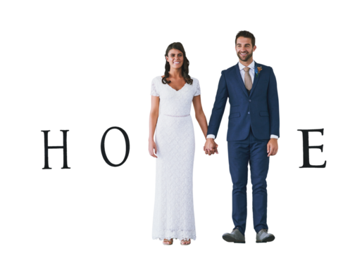 Portrait, bride and groom holding hands with home text isolated on transparent background for the start of marriage. Wedding, love or smile with a man and woman on PNG as husband and wife for trust