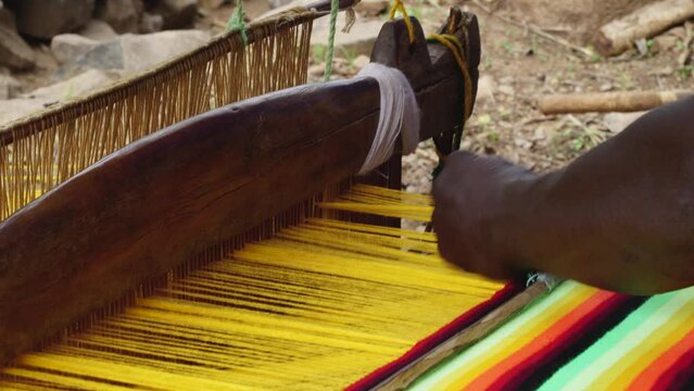 Traditional Textile Weaving Process In Konso Town, Omo Valley, Ethiopia. closeup