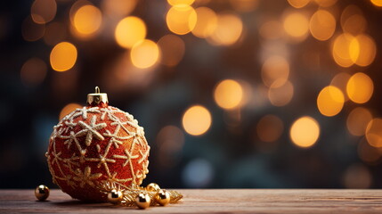 Christmas tree with golden baubles on bokeh lights background