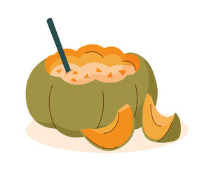 Whole pumpkin with porridge inside and pumpkin slices side by side.	 Thanksgiving concept.
