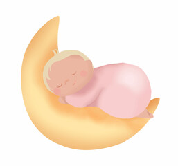 Cute little baby sleeping on a half moon, Vector. Nice and cozy watercolor illustration. Perfect for baby shower, invitations, cards, textile, kids product decoration