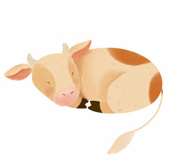 Cute little cow sleeping, Vector Watercolor illustration. Cute Watercolor clip art element on transparent background. Perfect for invitation, card, poster, banner, decorations
