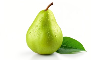 Perfect ripe green pear fruit with leaf and water drops white background
