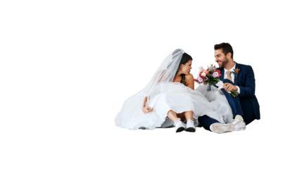 Isolated couple, wedding flowers and sitting together for smile, pride or happy by transparent png background. Man, woman and marriage bouquet for celebration, new beginning or talk at event for love