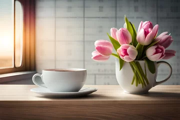 Foto op Plexiglas cup of coffee and flowers © sehar