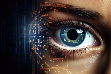 Close up of woman's eye with digital circuit in it. Technology concept, Closeup of barbecues cooking grilling on charcoal, top section cropped, AI Generated