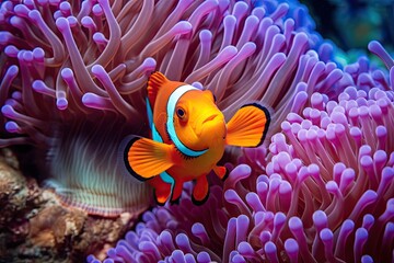 Clown anemonefish Amphiprion bicolor in a sea anemone, Clownfish swimming among the vibrant corals, AI Generated - obrazy, fototapety, plakaty