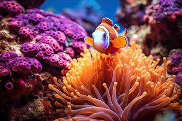 Clown anemonefish in the sea anemone, Clownfish swimming among the vibrant corals, AI Generated - obrazy, fototapety, plakaty