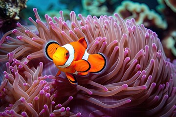 Clown anemonefish Amphiprion bicinctus, Clownfish swimming among the vibrant corals, AI Generated - obrazy, fototapety, plakaty