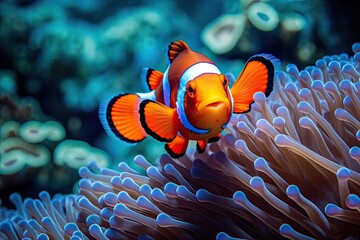 Clown anemonefish Amphiprion ocellaris in a sea anemone, Clownfish swimming among the vibrant corals, AI Generated - obrazy, fototapety, plakaty