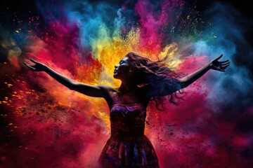 Beautiful young woman dancing in colorful powder cloud on black background, Colorful explosion of...