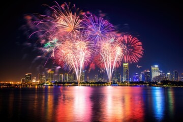 beautiful firework show for celebration happy new year and merry christmas, Colorful fireworks of various colors over the Chao Phraya River, Bangkok, Thailand, AI Generated