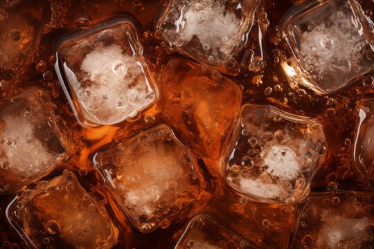 a macro image of a texture of ice cubes with brown alcoholic beverage or soft drink with water drops. Close-up. filling the frame.