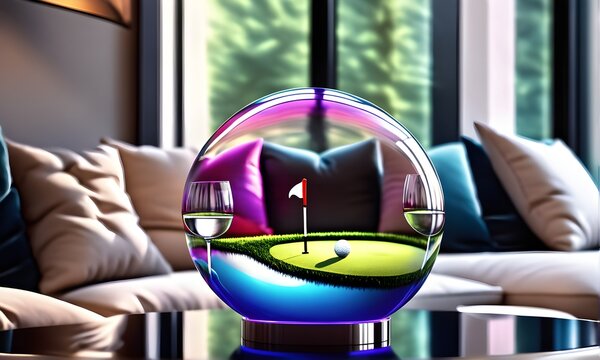 Eine Glaskugel mit einem Golfplatz innen - Fantasiebild 