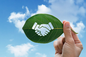 Hand of human is holding green leaf with handshake icon, environment social and governance or ESG, Cooperation of organization for prevent climate change sustainable earth.