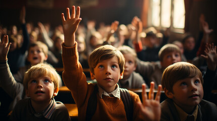 Children hands up in classroom. - obrazy, fototapety, plakaty