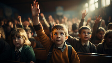 Children hands up in classroom.