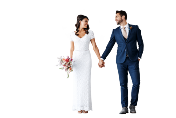 Love, holding hands and couple in wedding outfit for ceremony, luxury event or party together. Happy, smile and young bride and groom with flowers for romance isolated by transparent png background.