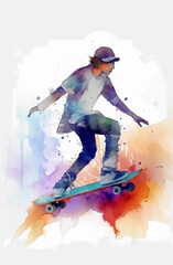 Watercolor style boy skateboarding on colorful paint splash . Created with Generative AI technology