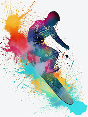 Watercolor style silhouette of teenager skateboarding on colorful paint splash. Created with Generative AI technology