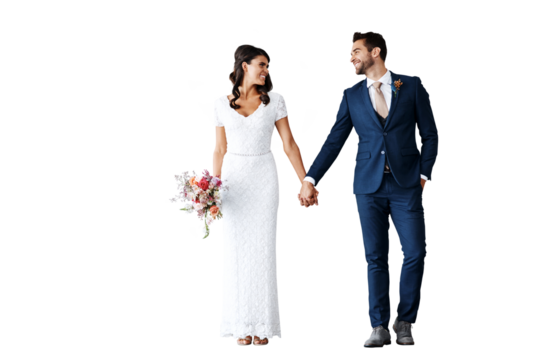 Love, holding hands and couple in wedding outfit for ceremony, luxury event or party together. Happy, smile and young bride and groom with flowers for romance isolated by transparent png background.