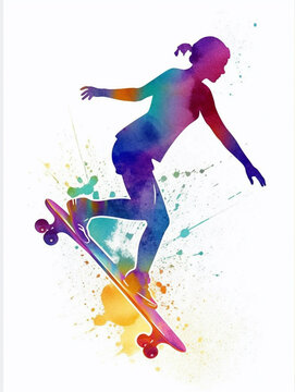 Watercolor style silhouette of teenager skateboarding on colorful paint splash. Created with Generative AI technology.