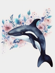 Obraz na płótnie Canvas Watercolor style orca whale surrounded by soft pastel floral. Created with Generative AI technology