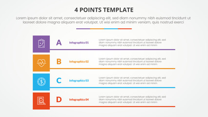 4 points stage template infographic concept for slide presentation with boxed creative rectangle 4 point list with flat style