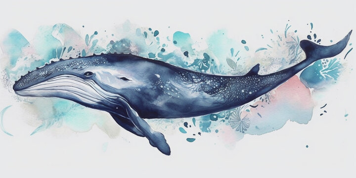 Watercolor style swimming blue whale with paint splash in the back on white background. Created with Generative AI technology