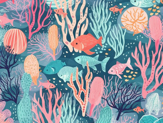 Watercolor style cute vibrant sea life pattern with colorful coral reefs, fish and marine creatures. Created with Generative AI technology