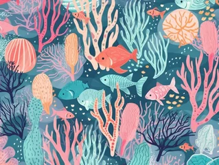 Papier Peint photo Lavable Vie marine Watercolor style cute vibrant sea life pattern with colorful coral reefs, fish and marine creatures. Created with Generative AI technology