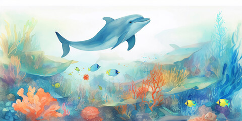 Fototapeta premium Watercolor style dolphin swimming in beautiful ocean with colorful ciral and fish around. Created with Generative AI technology