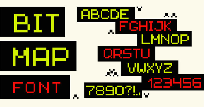 8 bit retro pixel font, arcade game type, vintage typeface, computer english alphabet, vector typography. Pixel art letters and numbers, digital abc characters of bright color squares and blocks
