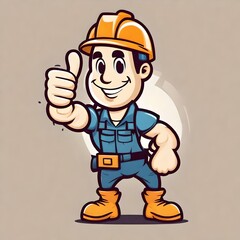 Fototapeta premium A cute happy cartoon illustration of a male construction worker builder mascot doing a thumbs-up hand gesture.