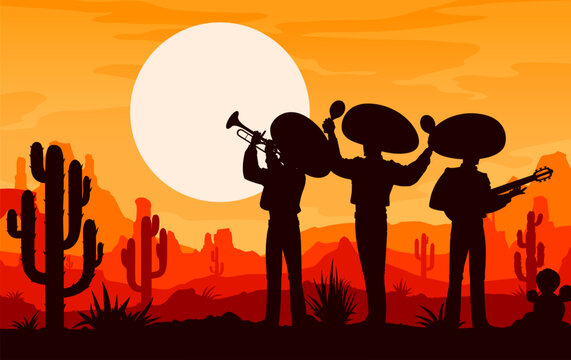 Mexican mariachi musician and cowboy silhouettes on sunset at desert in Mexico, vector background. Mexican music band men in sombreros with guitar, maracas and trumpet on evening sunset stage scene