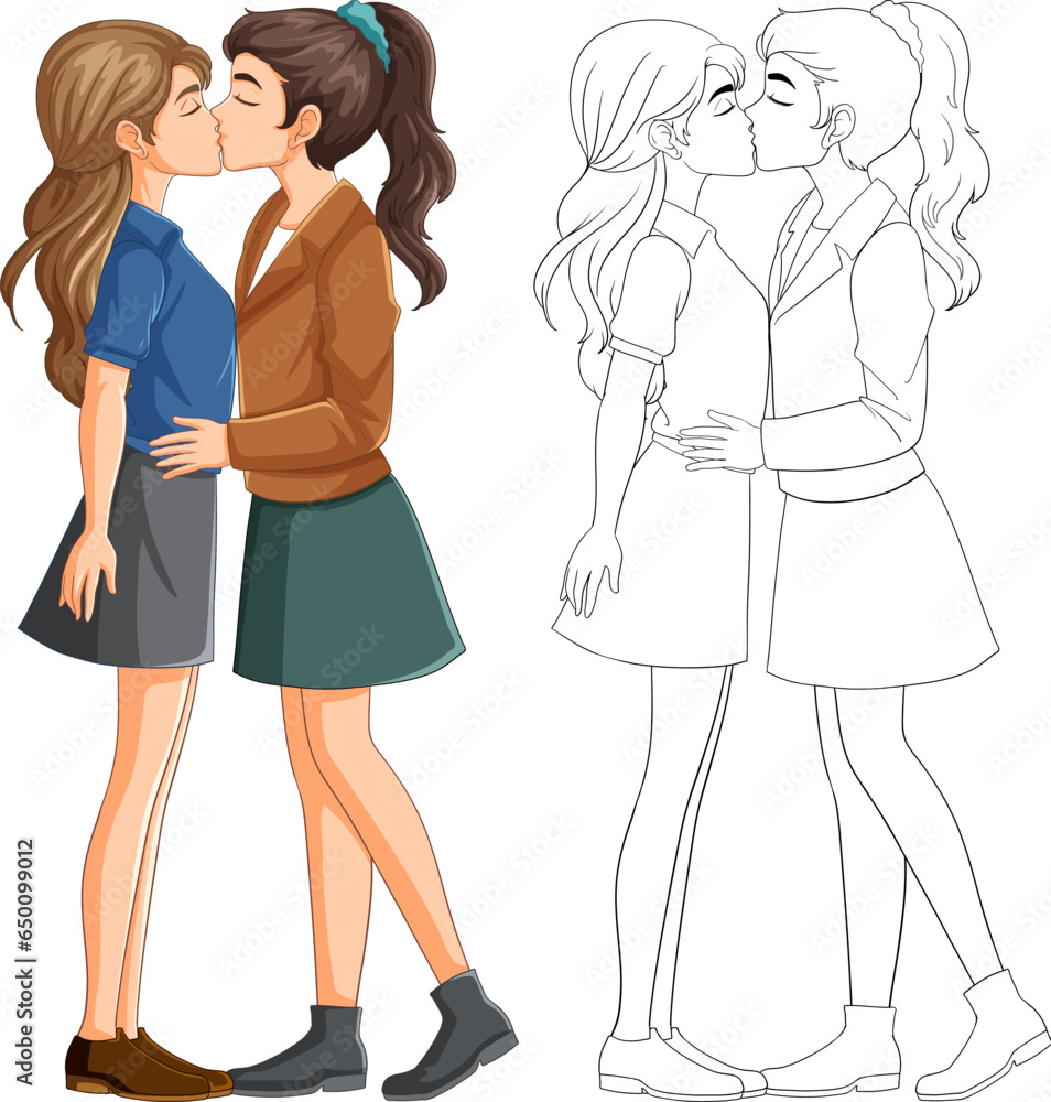 Poster Lesbian couple kissing cartoon isolated