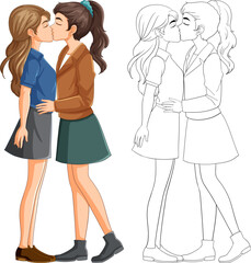 Lesbian couple kissing cartoon isolated