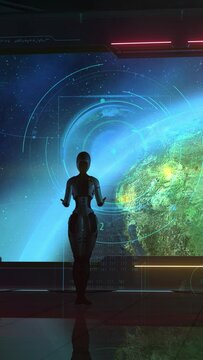 A robot in a spaceship orbiting the Earth, 3D render.
